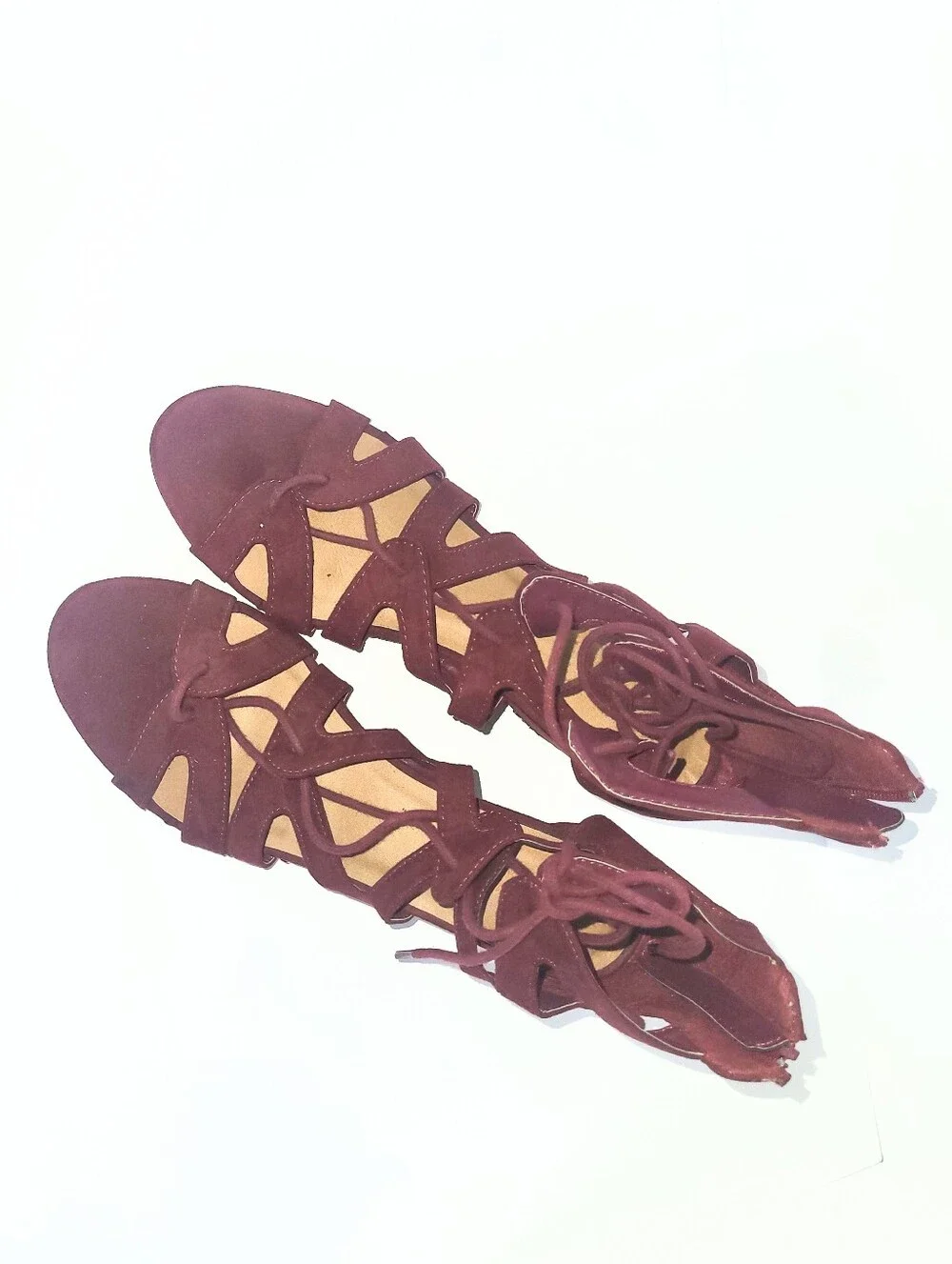 Charlotte Russe Burgundy Vegan Suede Lace Up Open Wedge Heel Size 9